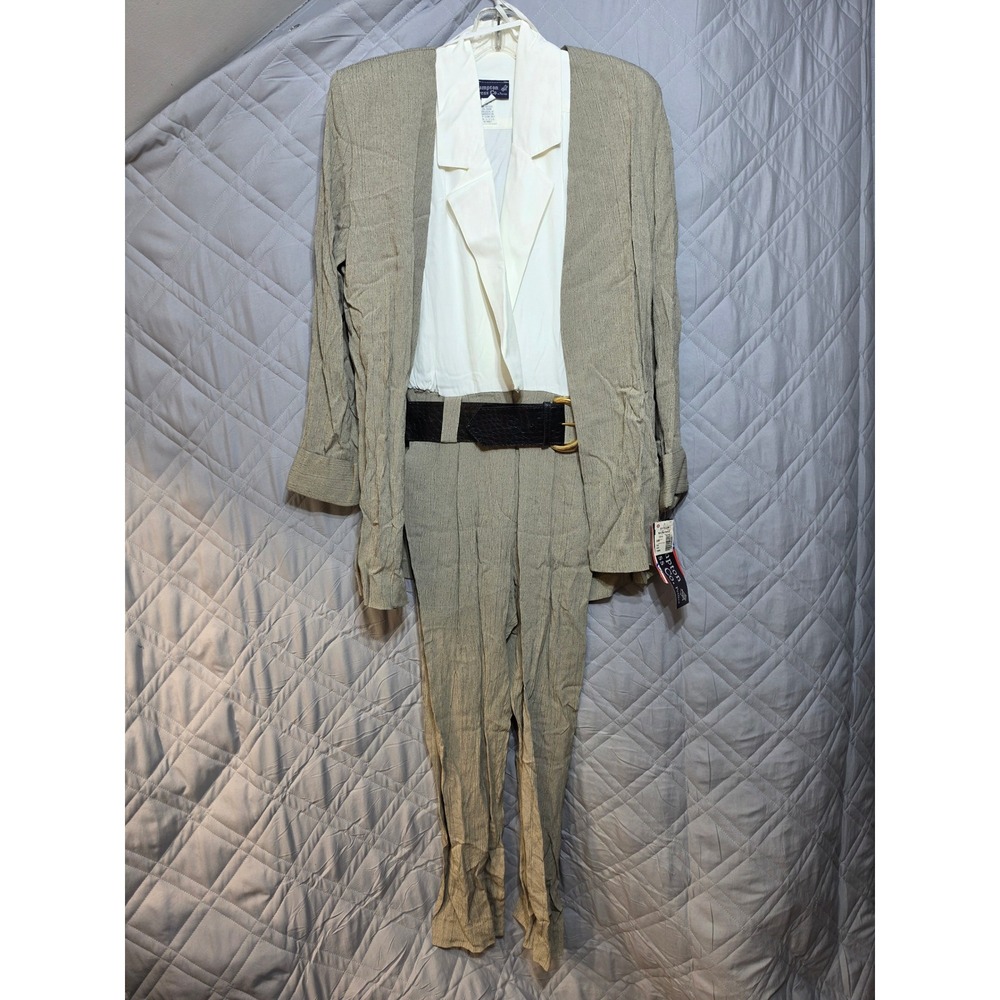 Hampton Dress Co Vintage 3 Piece Pant Suit Set Tan White Belted Size 6 Petites